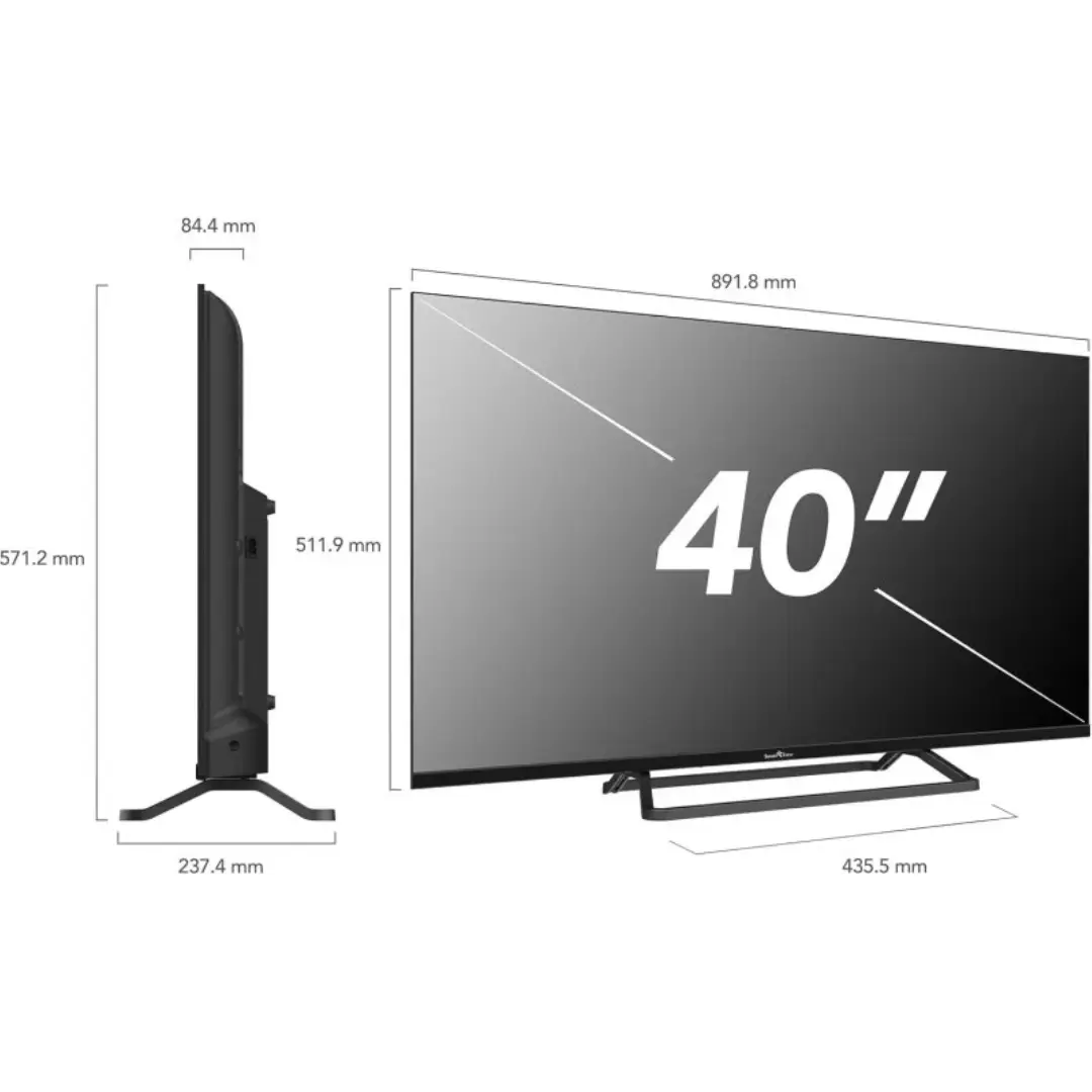 Imagen con las medidas del Smart Tech LED 40" 40FN01V3, mostrando su ancho, alto y grosor con y sin soporte, disponible en Electrocash.