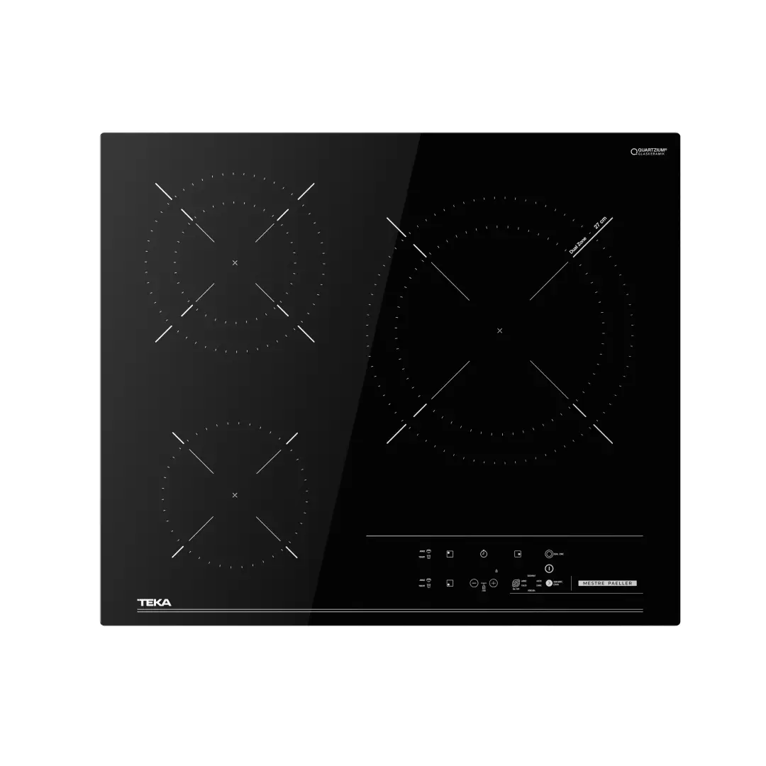 Vista frontal de la placa vitrocerámica Teka TBC-63620TTC BK apagada, destacando su diseño biselado y elegante con controles táctiles – disponible en Electrocash.