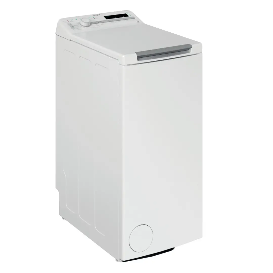 Imagen lateral de la lavadora Whirlpool TDLR-7220SS EU de carga superior, mostrando su diseño compacto y acabado en color blanco, disponible en Electrocash.