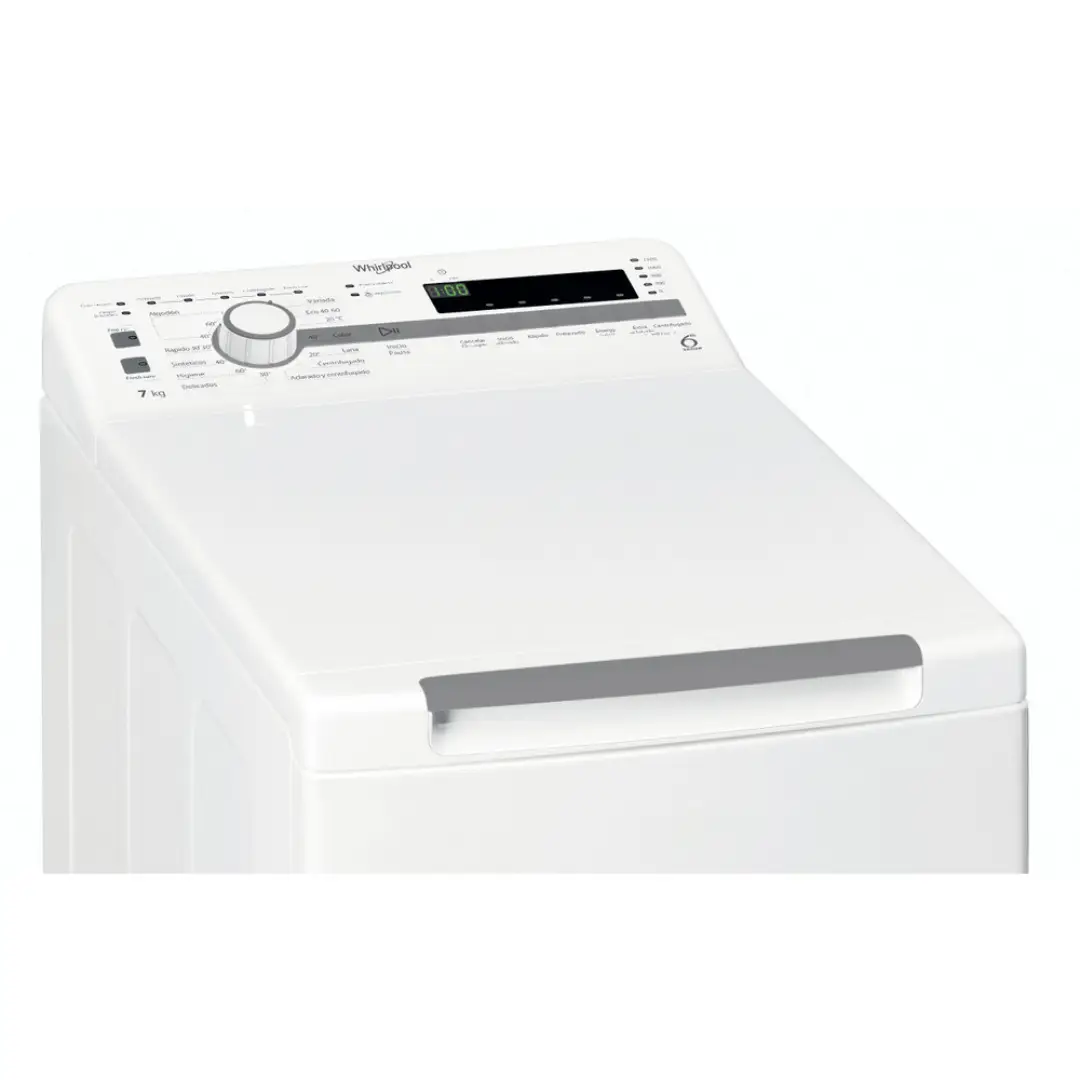 Detalle de la parte superior de la lavadora Whirlpool TDLR-7220SS EU, mostrando la tapa y el panel de control con mandos y display digital, disponible en Electrocash.