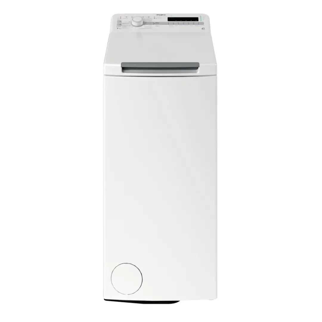 Imagen frontal de la lavadora de carga superior Whirlpool TDLR-7220SS EU, con capacidad de 7 Kg, centrifugado a 1200 rpm y eficiencia energética Clase E, disponible en Electrocash.