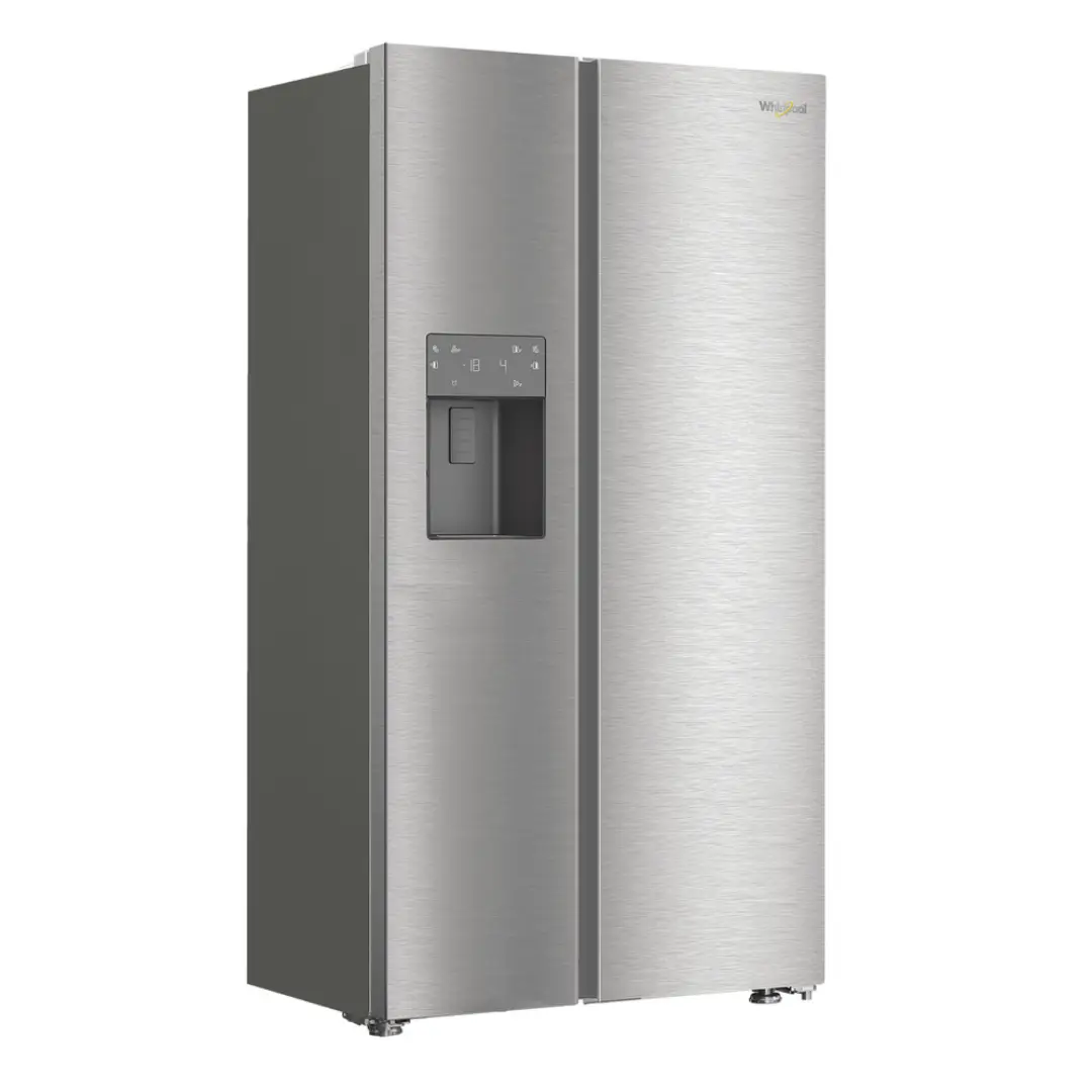 Imagen lateral del Whirlpool SBS WHG2-6574W X5E, mostrando su perfil, grosor y acabado en inox, disponible en Electrocash.