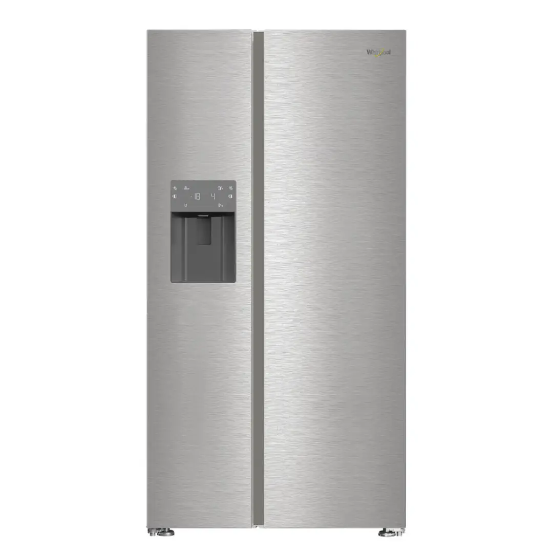 Imagen frontal del frigorífico americano Whirlpool SBS WHG2-6574W X5E en inox, con capacidad de 578 L, eficiencia energética Clase D y dispensador integrado, disponible en Electrocash.