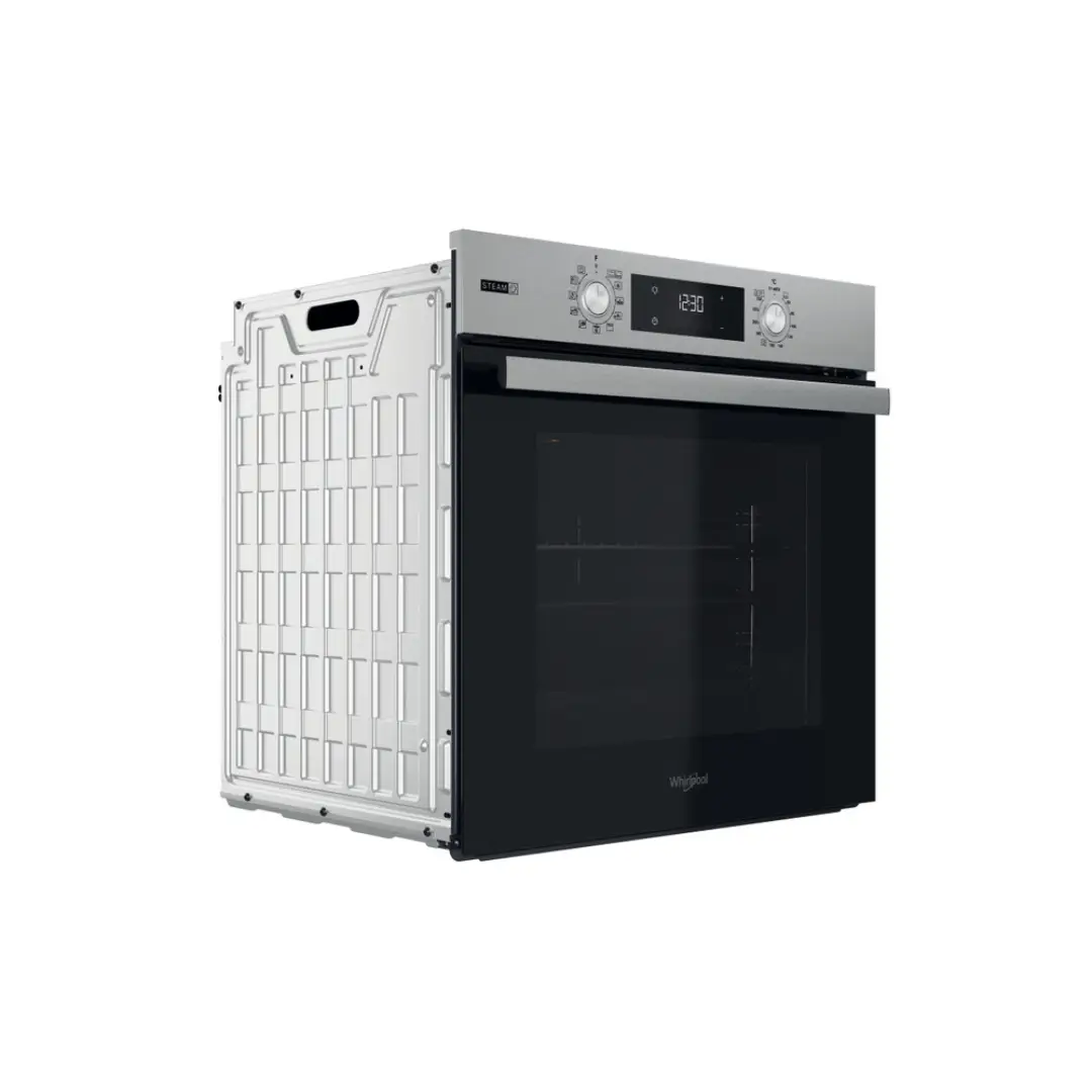 Imagen lateral del horno Whirlpool OMSR-58RU1SX, mostrando su perfil, grosor y acabado en inox, disponible en Electrocash.