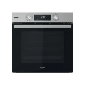 Imagen frontal del horno de encastre Whirlpool OMSR-58RU1SX en acabado inox, con capacidad de 71 L, funciones de autolimpieza pirolítica e hidrolítica y eficiencia Clase A+, disponible en Electrocash.