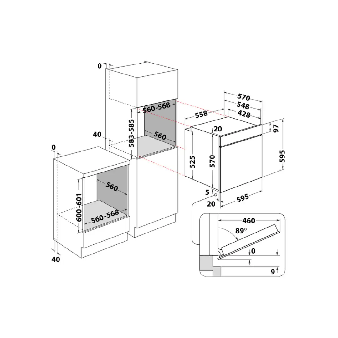 Diagrama con las dimensiones del horno Whirlpool OMSR-58RU1SX, ideal para su instalación en muebles de cocina, disponible en Electrocash.