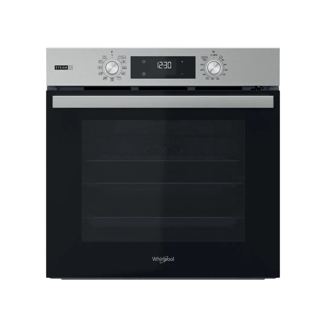 Imagen frontal del horno de encastre Whirlpool OMSR-58RU1SX en acabado inox, con capacidad de 71 L, funciones de autolimpieza pirolítica e hidrolítica y eficiencia Clase A+, disponible en Electrocash.