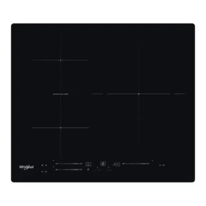 Imagen frontal de la placa de inducción Whirlpool WB-S5560 NE mostrando sus 3 zonas de cocción y control Slider TouchControl – disponible en Electrocash.