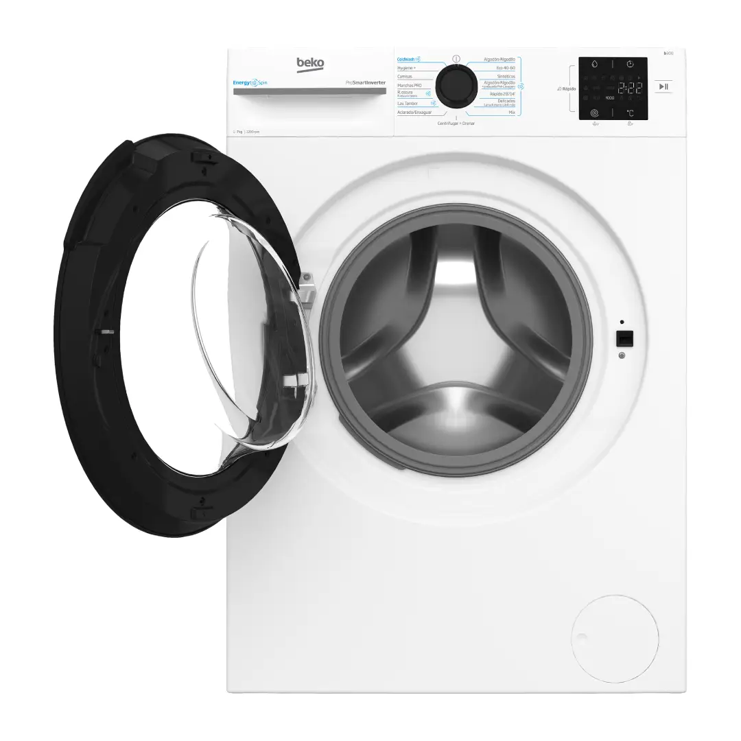 Imagen de la lavadora Beko BM3WFU-3721WB abierta, mostrando el tambor de acero inoxidable con capacidad de 7 Kg, disponible en Electrocash.
