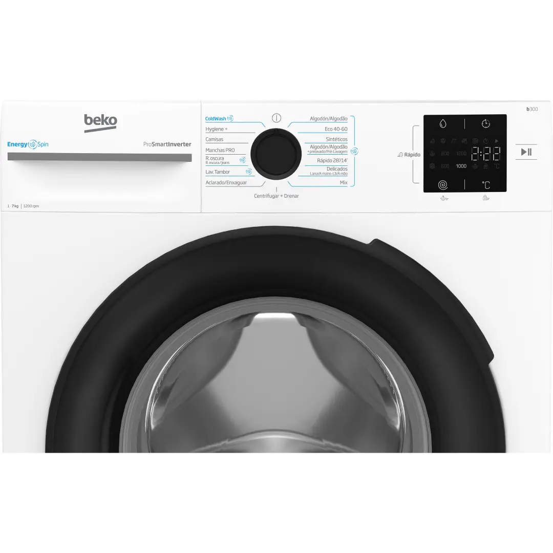 Detalle del panel de control de la lavadora Beko BM3WFU-3721WB, con mandos y display digital para seleccionar programas, disponible en Electrocash.
