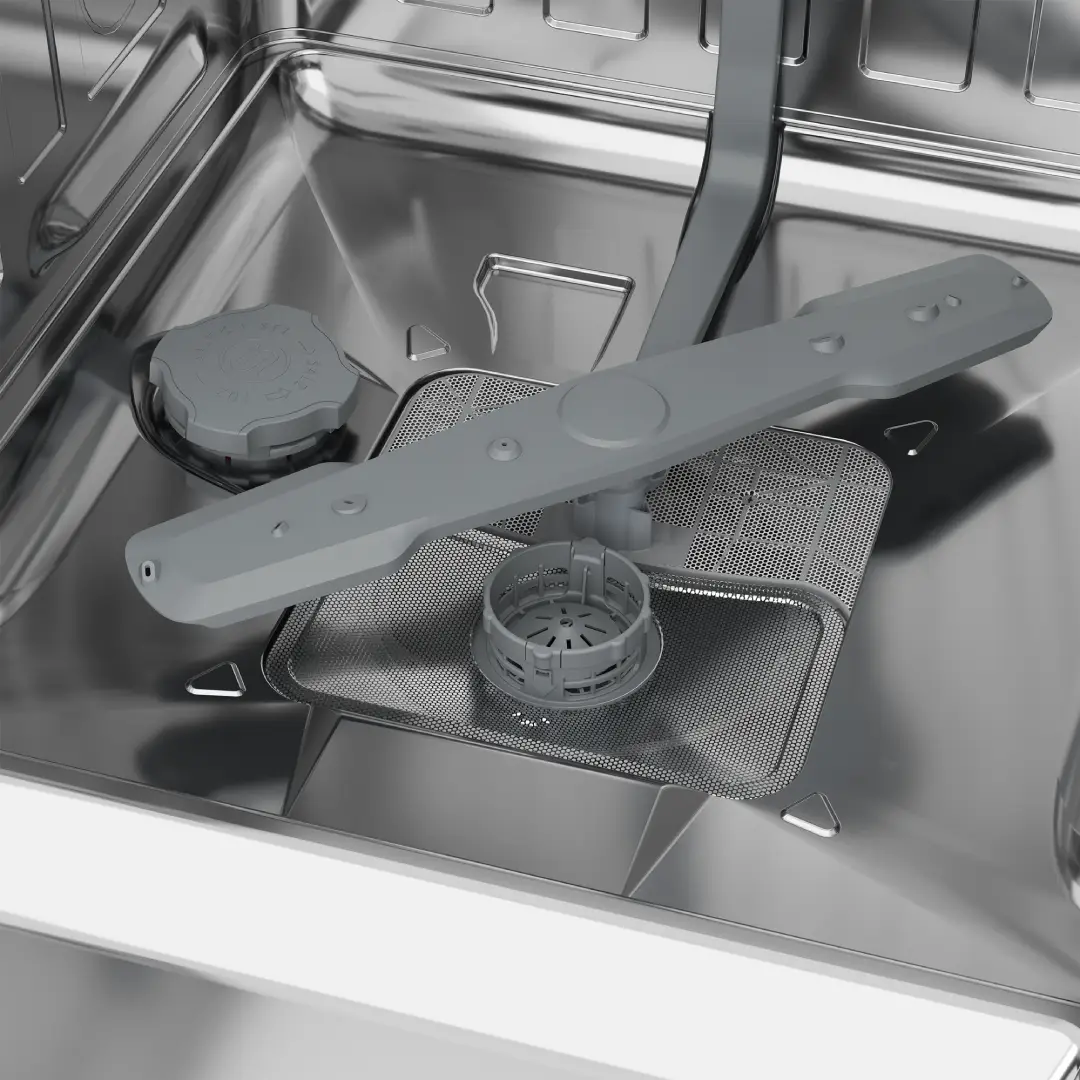 Imagen del lavavajillas Beko BDIN-14320 abierto y vacío, mostrando bandejas, compartimentos y organización interior, disponible en Electrocash.