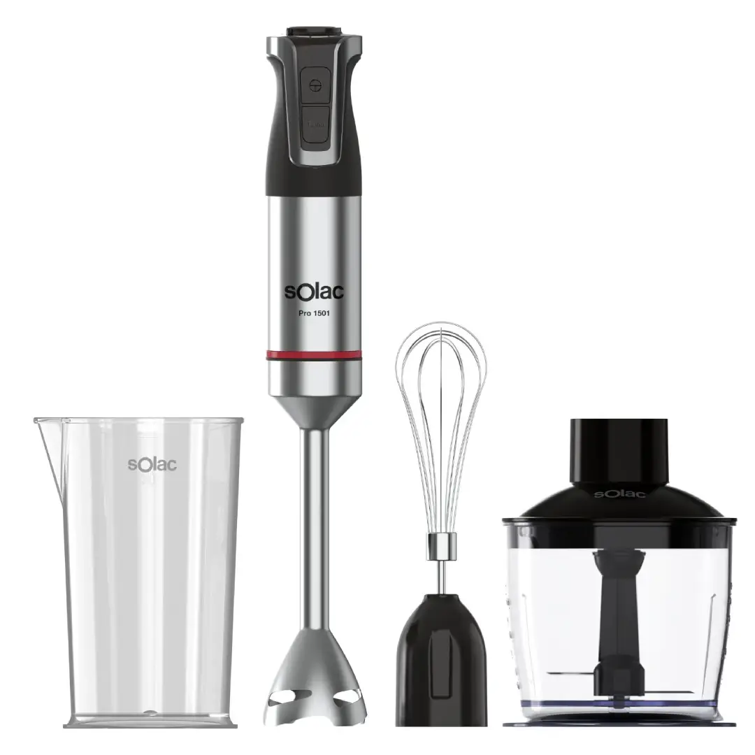 Imagen frontal de la batidora de mano Solac BA-5618 Pro Chef Inox, con potencia de 1500W y accesorios incluidos para picar, mezclar y batir ingredientes de manera profesional, disponible en Electrocash.