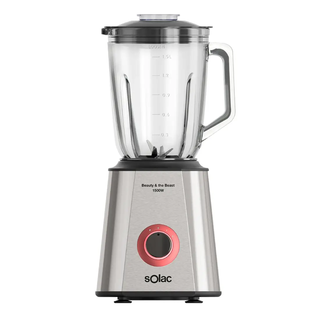 Imagen frontal de la batidora de vaso Solac BV-5728 Beauty and the Beast, con potencia de 1500W y capacidad de 1,5 litros, diseñada para batidos, smoothies y mezclas homogéneas de forma rápida y eficiente, disponible en Electrocash.