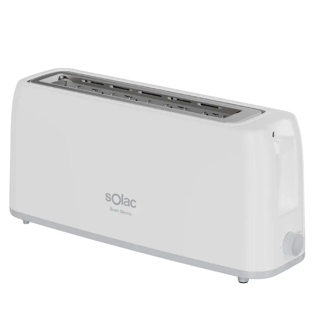 Imagen frontal del tostador Solac TL-5418 Buon Giorno, con una ranura larga y diseño compacto, ideal para un tostado homogéneo y rápido en cualquier tipo de pan, disponible en Electrocash.