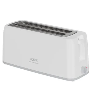 Imagen frontal del tostador Solac TL-5421 Buon Giorno Double, con dos ranuras largas para todo tipo de panes y acabado en acero inoxidable, diseñado para un tostado uniforme y perfecto cada mañana, disponible en Electrocash.