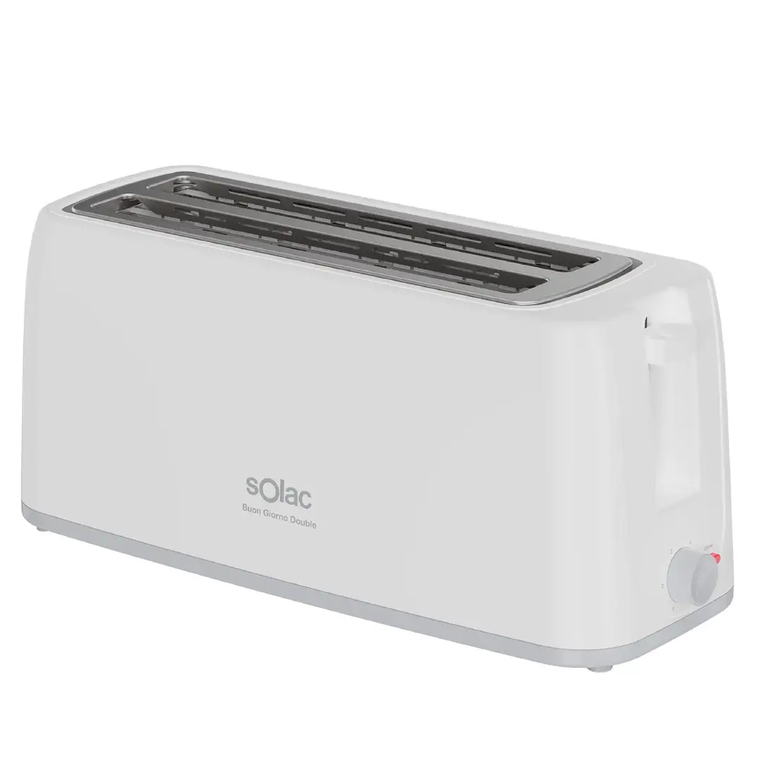 Imagen frontal del tostador Solac TL-5421 Buon Giorno Double, con dos ranuras largas para todo tipo de panes y acabado en acero inoxidable, diseñado para un tostado uniforme y perfecto cada mañana, disponible en Electrocash.