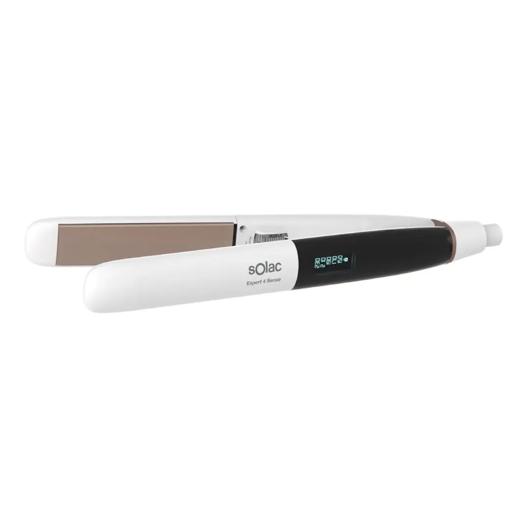 Imagen frontal de la plancha de pelo Solac PP-7262 Expert 4 Sense con tecnología iónica, potencia de 55W y pantalla LCD, capaz de alcanzar 230ºC para un alisado profesional con máximo cuidado y brillo, disponible en Electrocash.