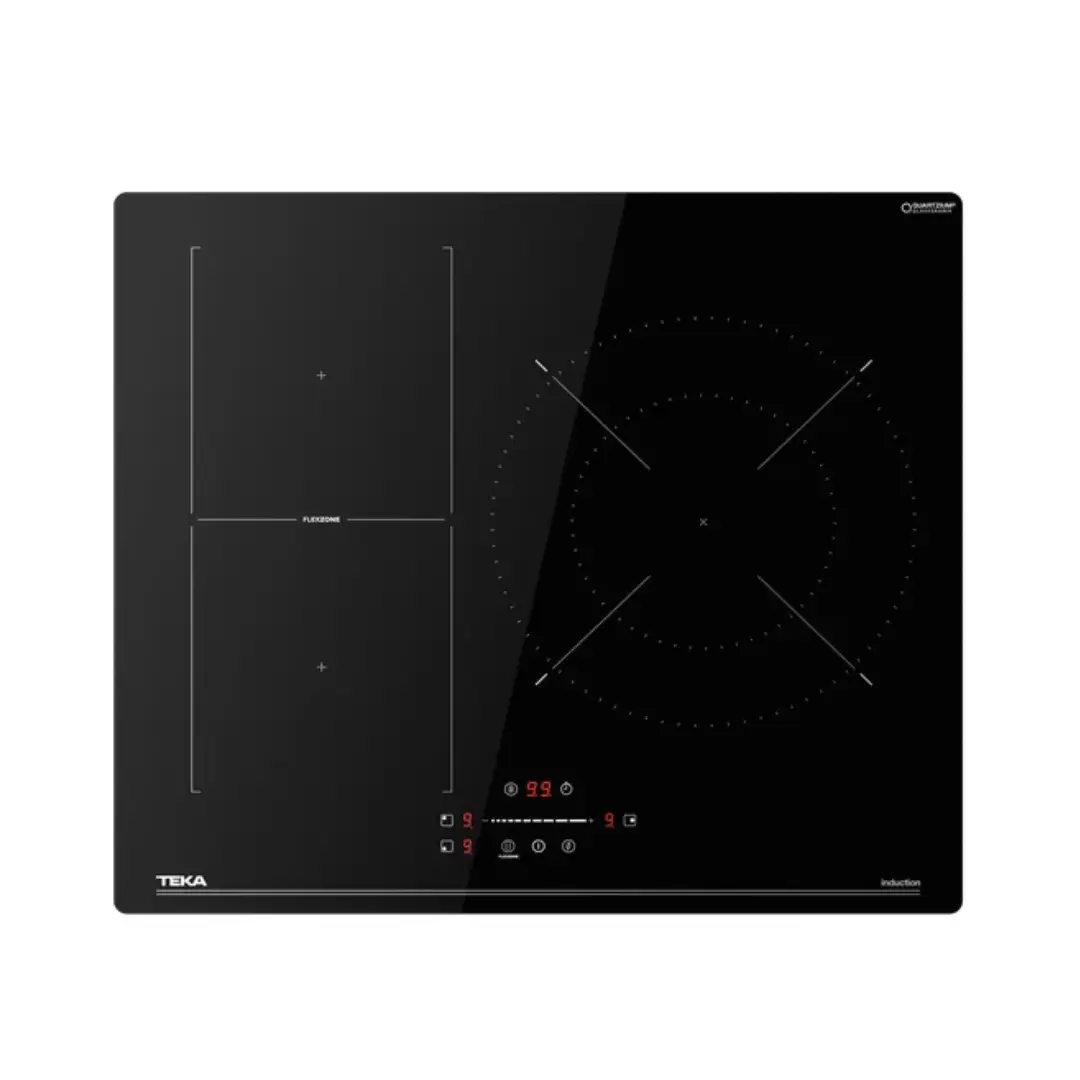 Imagen frontal de la placa de inducción Teka IBF-63210SSMBK, con 3 zonas Flex, potencia de 7,4 kW y diseño elegante en cristal negro, disponible en Electrocash.