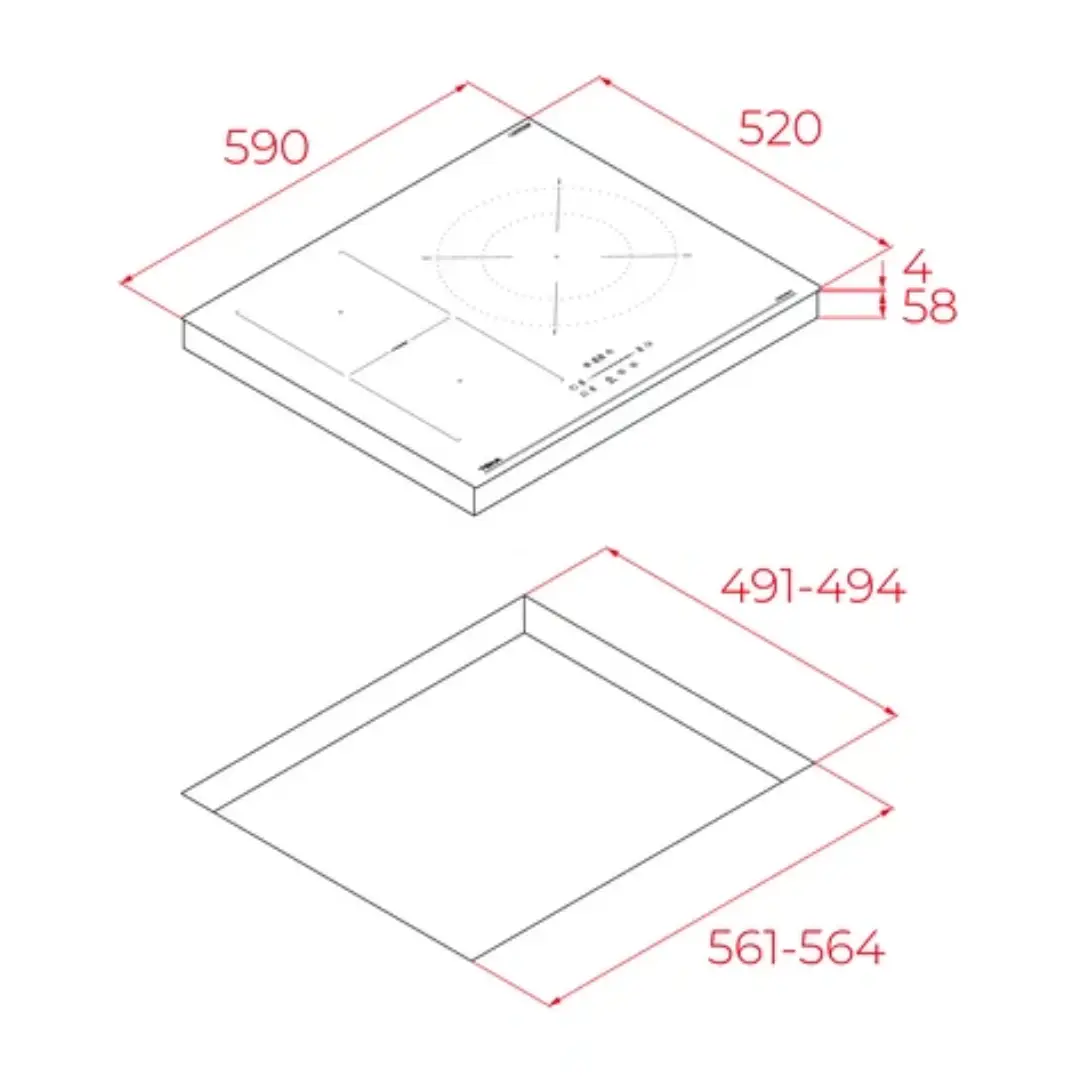 Imagen con las medidas de la placa Teka IBF-63210SSMBK, incluyendo ancho, fondo y profundidad de encastre, ideal para instalación en cocina, disponible en Electrocash.