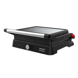 Imagen frontal del grill doble Taurus Bistro Essential de 2600W, con apertura total de 180º y función plancha 2 en 1, ideal para cocinar carnes, pescados o verduras con control de temperatura, disponible en Electrocash.