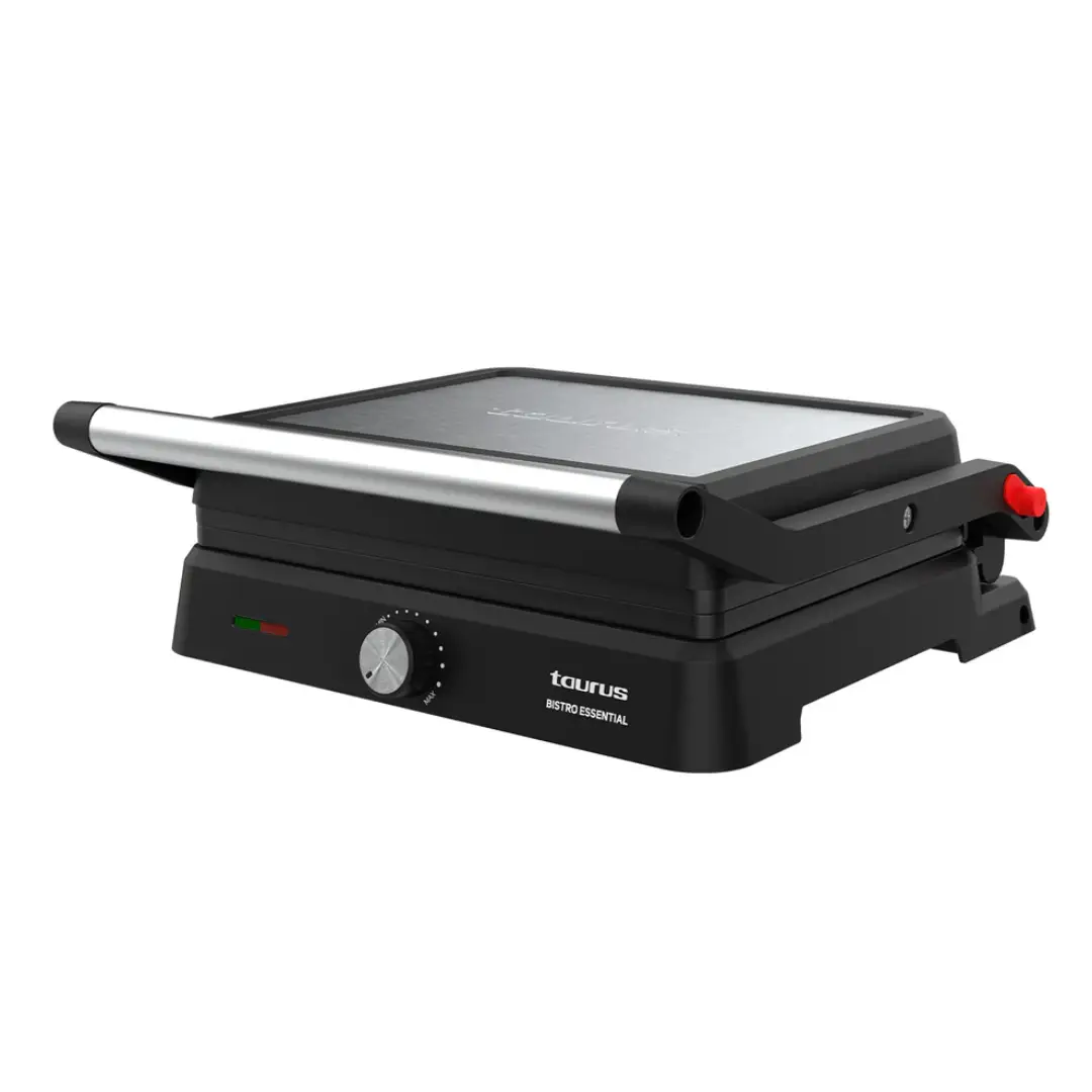 Imagen frontal del grill doble Taurus Bistro Essential de 2600W, con apertura total de 180º y función plancha 2 en 1, ideal para cocinar carnes, pescados o verduras con control de temperatura, disponible en Electrocash.