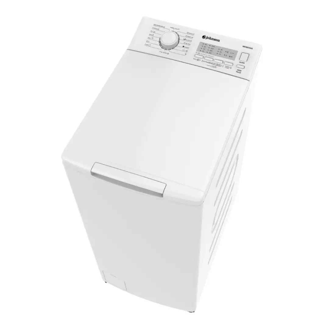 Imagen frontal de la lavadora de carga superior Johnson Mundo-65, con capacidad de 6,5 kg, 1200 rpm y eficiencia energética Clase C, ideal para espacios reducidos y un lavado eficaz, disponible en Electrocash.