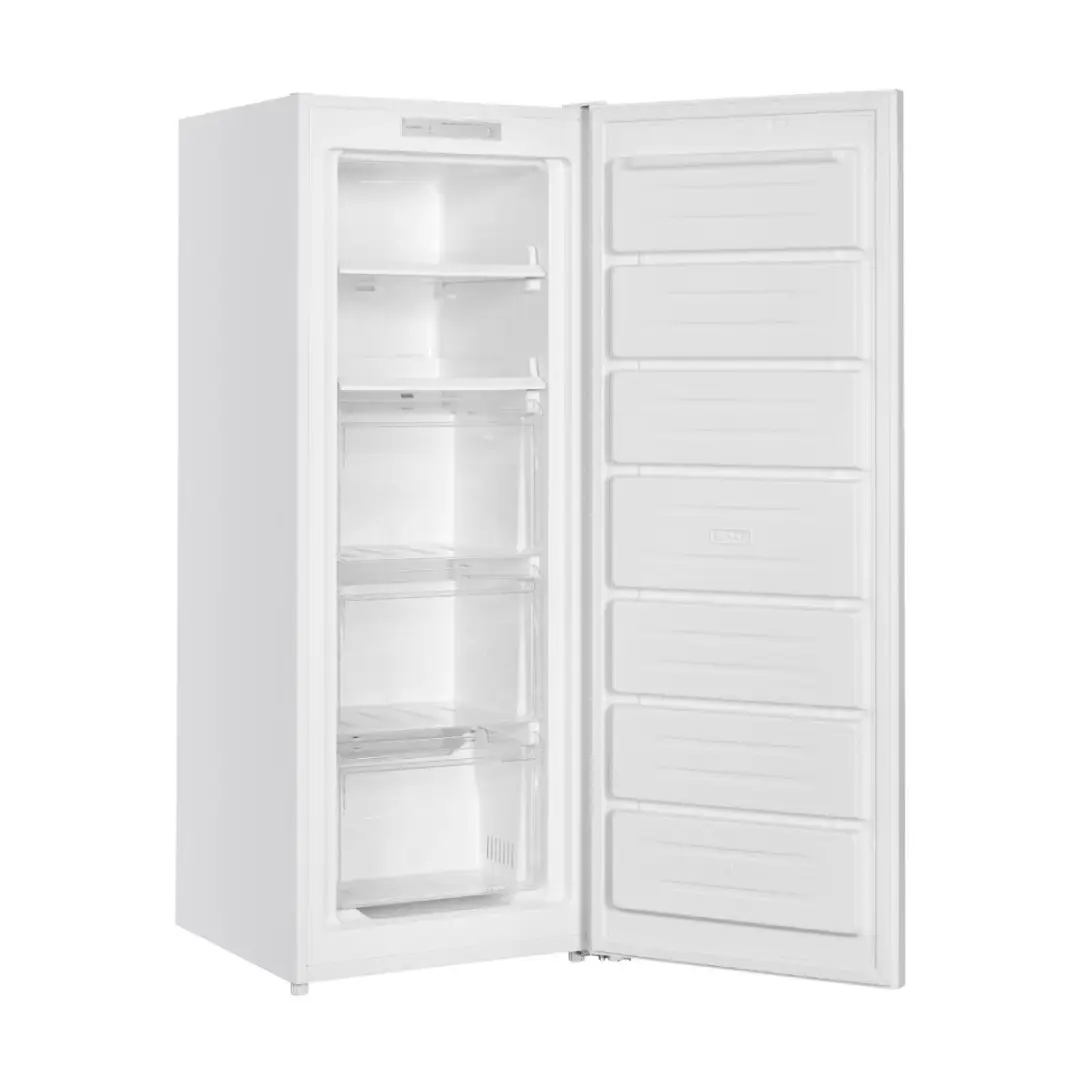 Imagen del congelador Johnson JRZ-145ENW completamente abierto, mostrando su interior con cajones transparentes y amplio espacio de almacenamiento, disponible en Electrocash.