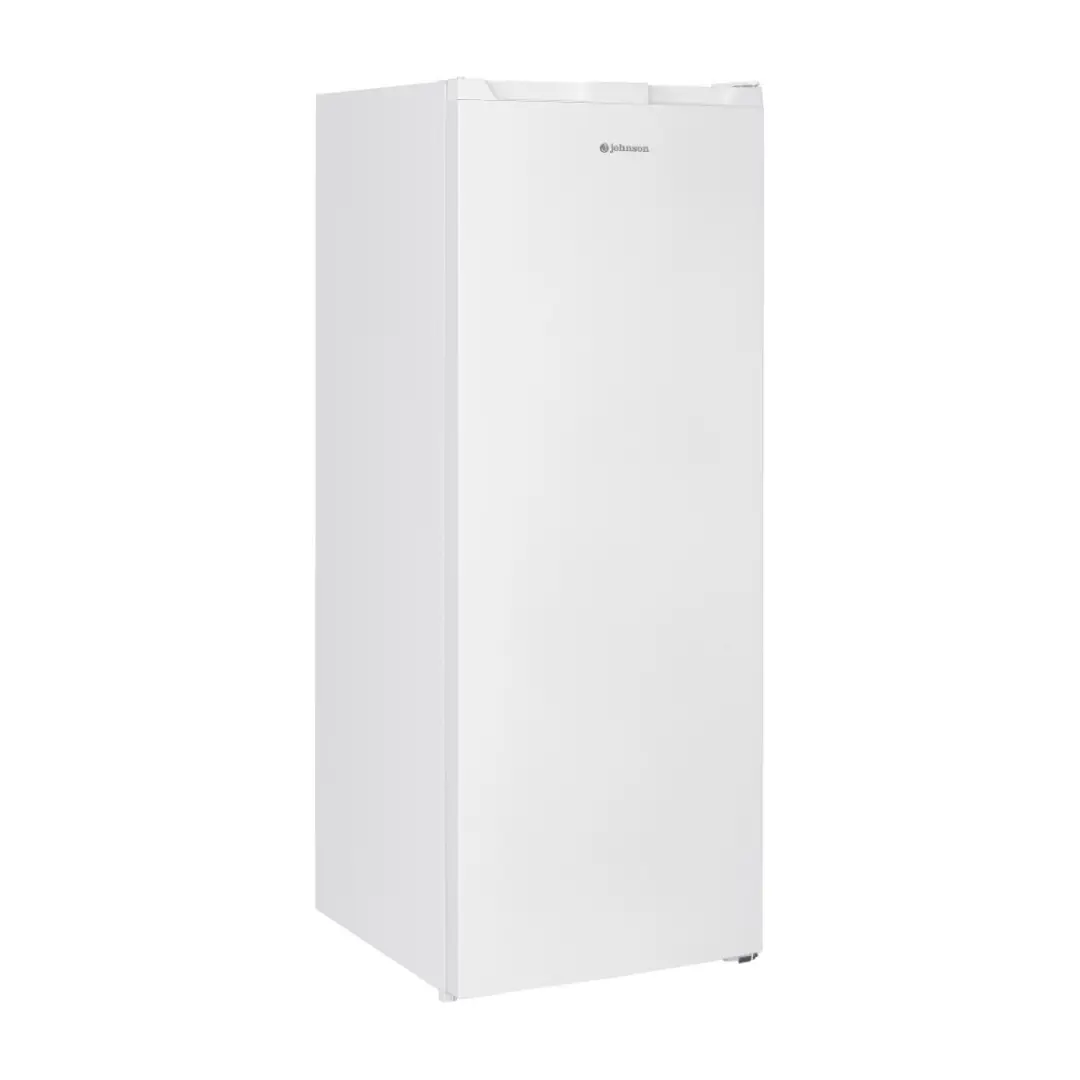 Imagen frontal del congelador vertical Johnson JRZ-145ENW en color blanco, con capacidad de 161 litros, tecnología Total No Frost y 144 cm de altura, disponible en Electrocash.