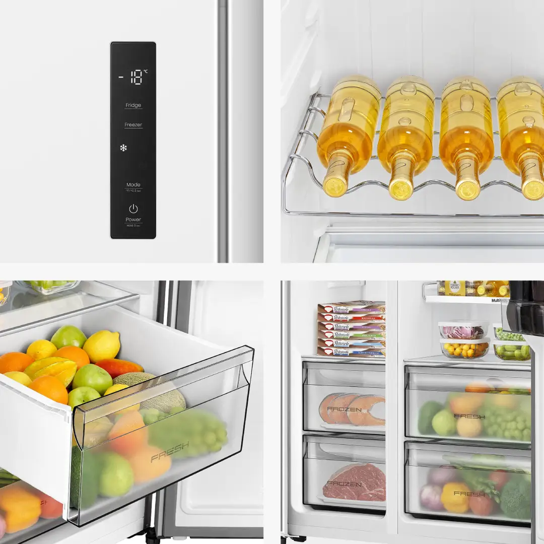 Primer plano de los cajones y controles del frigorífico Hisense SBS RS-3P538NEWE, mostrando su diseño interior, capacidad y panel de mando, disponible en Electrocash.