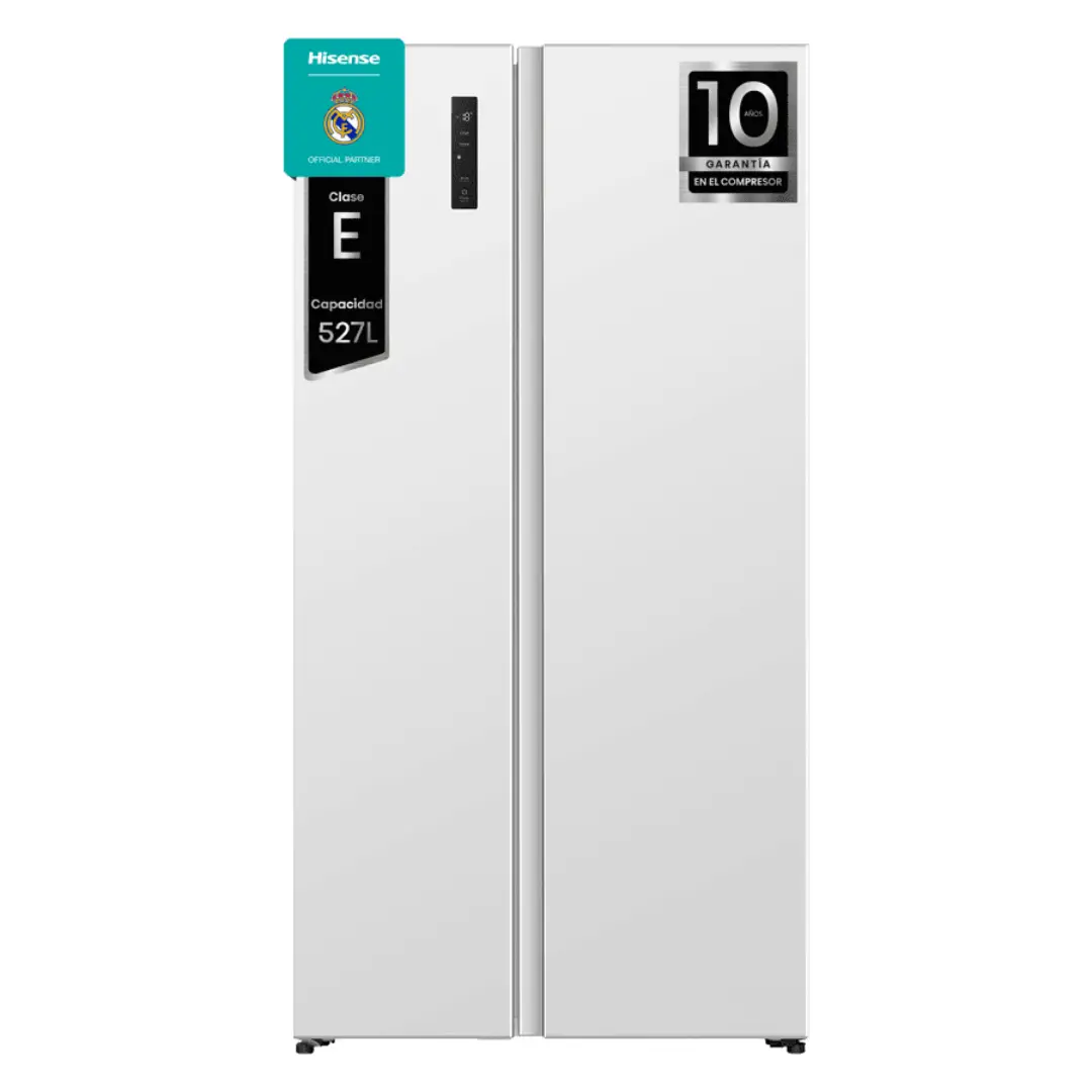 Imagen frontal del frigorífico americano Hisense SBS RS-3P538NEWE en color blanco, con gran capacidad, 179x91 cm y eficiencia energética Clase E, disponible en Electrocash.