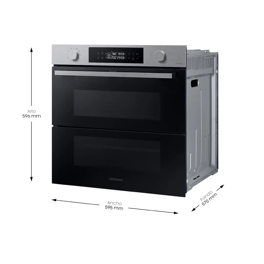 Esquema con las dimensiones del horno Samsung NV7B4530ZAS/U1 (59,5 x 59,6 x 57 cm), ideal para encastre estándar y cocinas modernas, disponible en Electrocash.