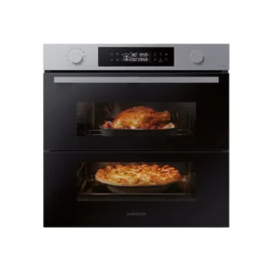 Imagen frontal del horno pirolítico Samsung NV7B4530ZAS/U1 en acero inoxidable, con tecnología Dual Cook Flex, conectividad WiFi y capacidad de 76 litros, disponible en Electrocash.
