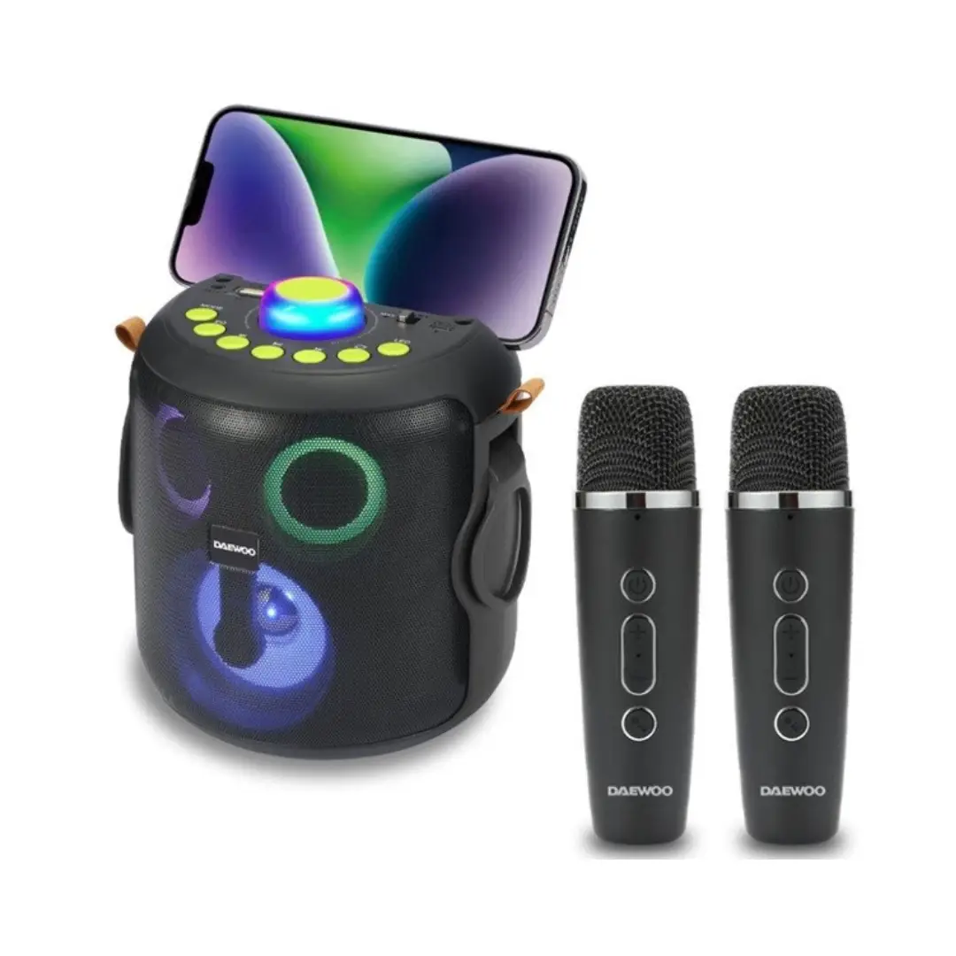 Imagen frontal del altavoz Bluetooth Daewoo DW-3008 de 15W, con función karaoke y conectividad inalámbrica, ideal para fiestas y eventos, disponible en Electrocash.