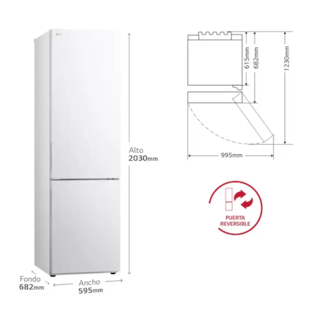 Esquema con las dimensiones del frigorífico LG GBV-22NCDSW (203 x 59,5 x 67,5 cm), ideal para espacios amplios y modernos, disponible en Electrocash.