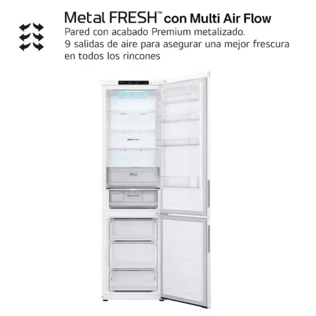 Imagen del frigorífico combinado LG GBV-22NCDSW abierto, mostrando su interior iluminado con estantes ajustables, cajones Fresh y amplio congelador inferior, disponible en Electrocash.