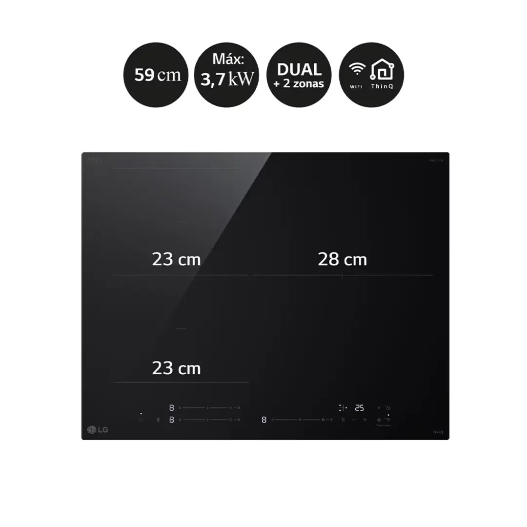 Imagen destacando las características de la placa LG CI-5Z2420BN, incluyendo 3 zonas FlexInducción, potencia de 7,4 kW, control táctil, WiFi, temporizador y seguridad infantil, disponible en Electrocash.