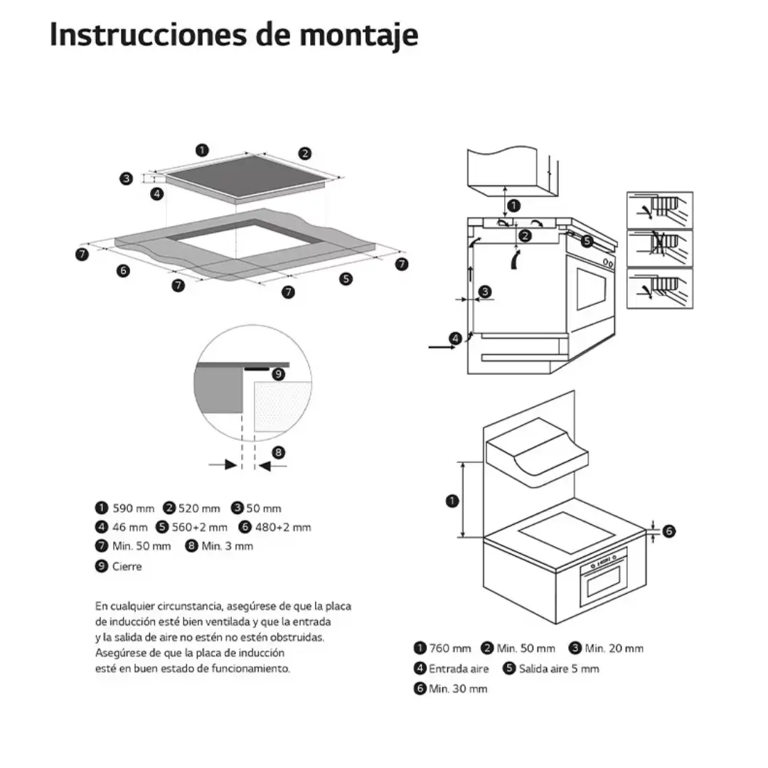 Imagen mostrando la guía de instalación de la placa LG CI-5Z2420BN, con dimensiones, cortes de encastre y consejos para su correcta instalación, disponible en Electrocash.