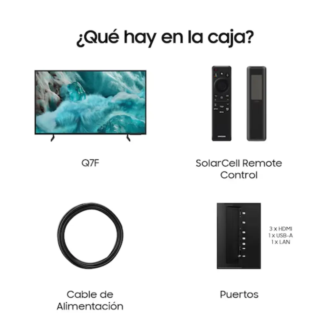 Imagen del contenido de la caja de la Samsung QLED 43" TQ-43Q7FAAUXXC, incluyendo mando a distancia, cables y manuales, además de un vistazo a sus puertos de conexión HDMI y USB, disponible en Electrocash.