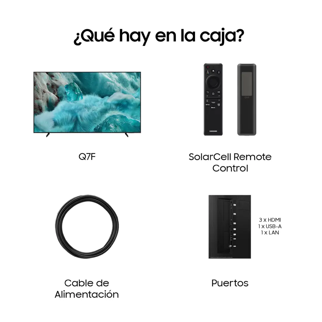Imagen mostrando el contenido incluido en la caja del televisor Samsung TQ-75Q7FAAUCXXC, que incluye mando a distancia, cables de conexión y base de soporte, disponible en Electrocash.