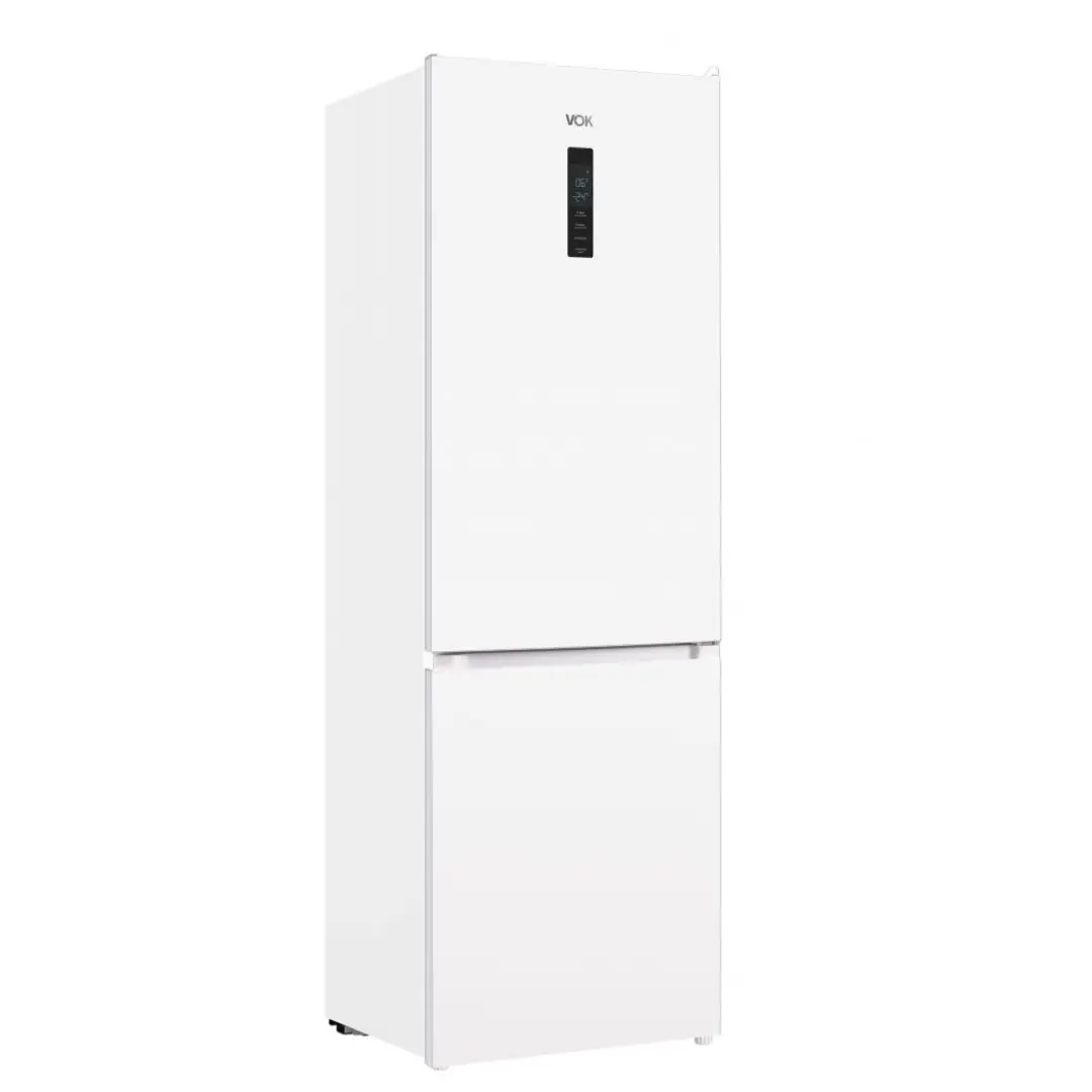 Imagen lateral del frigorífico VOK EVR-335NEWPCN, mostrando su perfil, grosor y diseño en blanco, disponible en Electrocash.