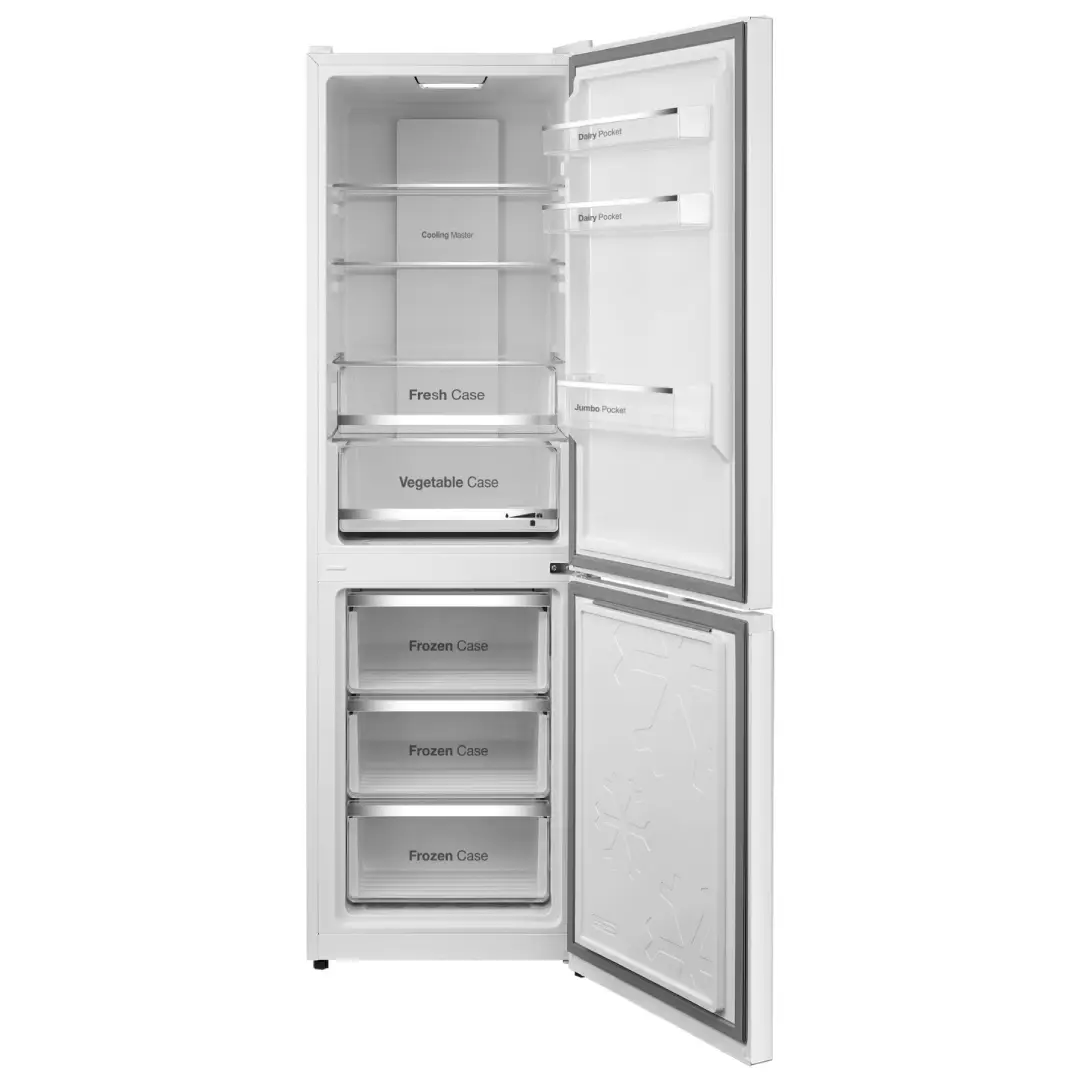 Imagen del frigorífico VOK EVR-335NEWPCN abierto, mostrando todo su interior con estantes, compartimentos y cajones, disponible en Electrocash.