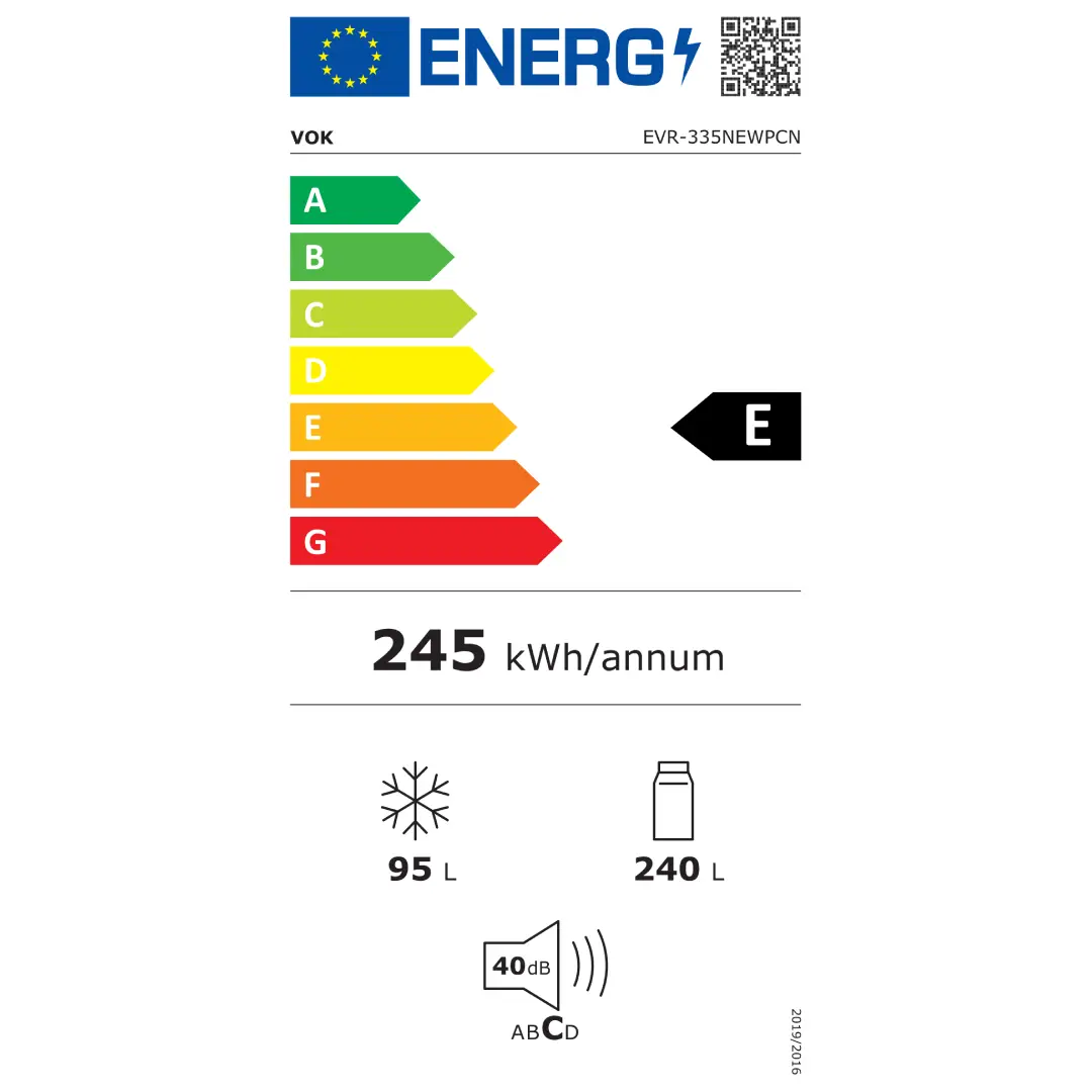 Imagen de la etiqueta de eficiencia energética del frigorífico VOK EVR-335NEWPCN, mostrando su clase E y consumo anual de energía, disponible en Electrocash.