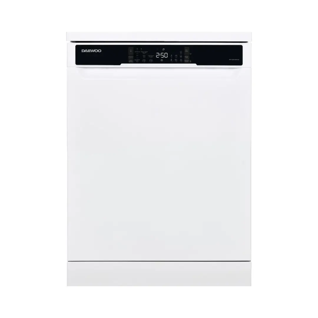 Imagen frontal del lavavajillas Daewoo DFF-A25W44B40 en color blanco, con capacidad para 14 cubiertos, nivel de ruido de 44 dB y eficiencia energética Clase B, ideal para cocinas modernas y disponible en Electrocash.