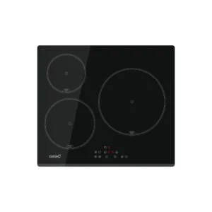 Imagen frontal de la placa de inducción CATA IB-6303E2 BK, con 3 zonas de cocción y potencia de 7,1 kW, diseño elegante en cristal negro y control táctil, disponible en Electrocash.