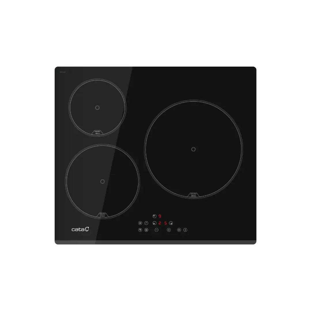 Imagen frontal de la placa de inducción CATA IB-6303E2 BK, con 3 zonas de cocción y potencia de 7,1 kW, diseño elegante en cristal negro y control táctil, disponible en Electrocash.