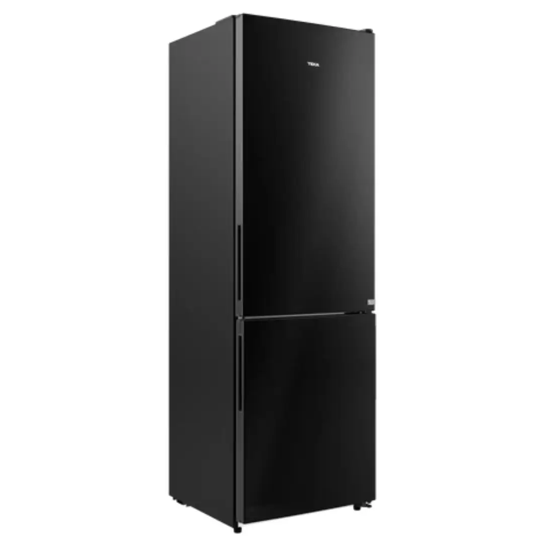 Vista lateral del frigorífico combinado Teka RBF-44630BK, que destaca por su diseño elegante en negro mate y acabado moderno, disponible en Electrocash.