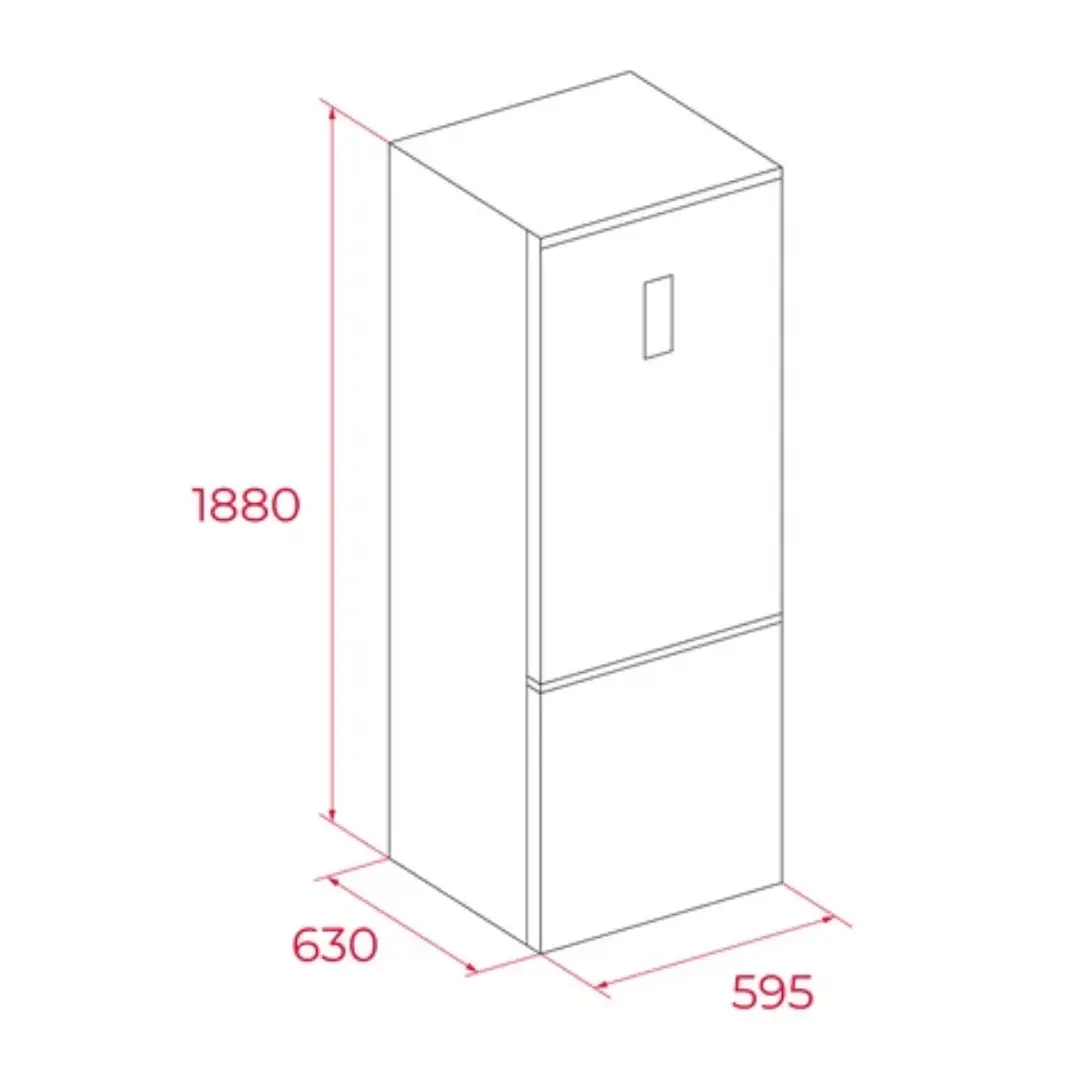 Esquema con las dimensiones del frigorífico combinado Teka RBF-44630BK (188 x 59,5 x 63,5 cm), ideal para cocinas modernas, disponible en Electrocash.