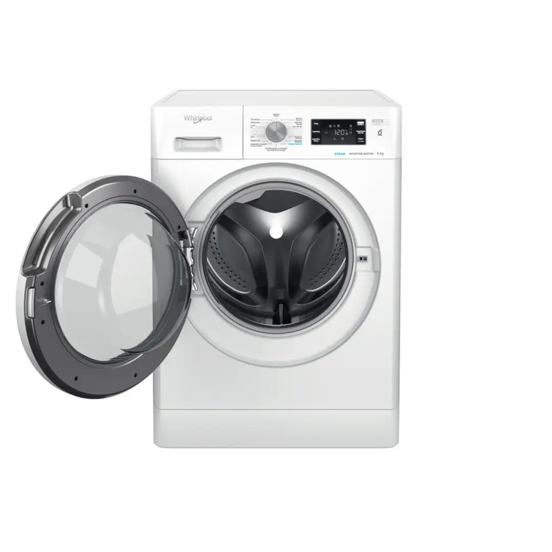 Lavadora Whirlpool FFB-9489 WV SPT abierta, mostrando el amplio tambor de acero inoxidable de 9 Kg, ideal para coladas familiares.