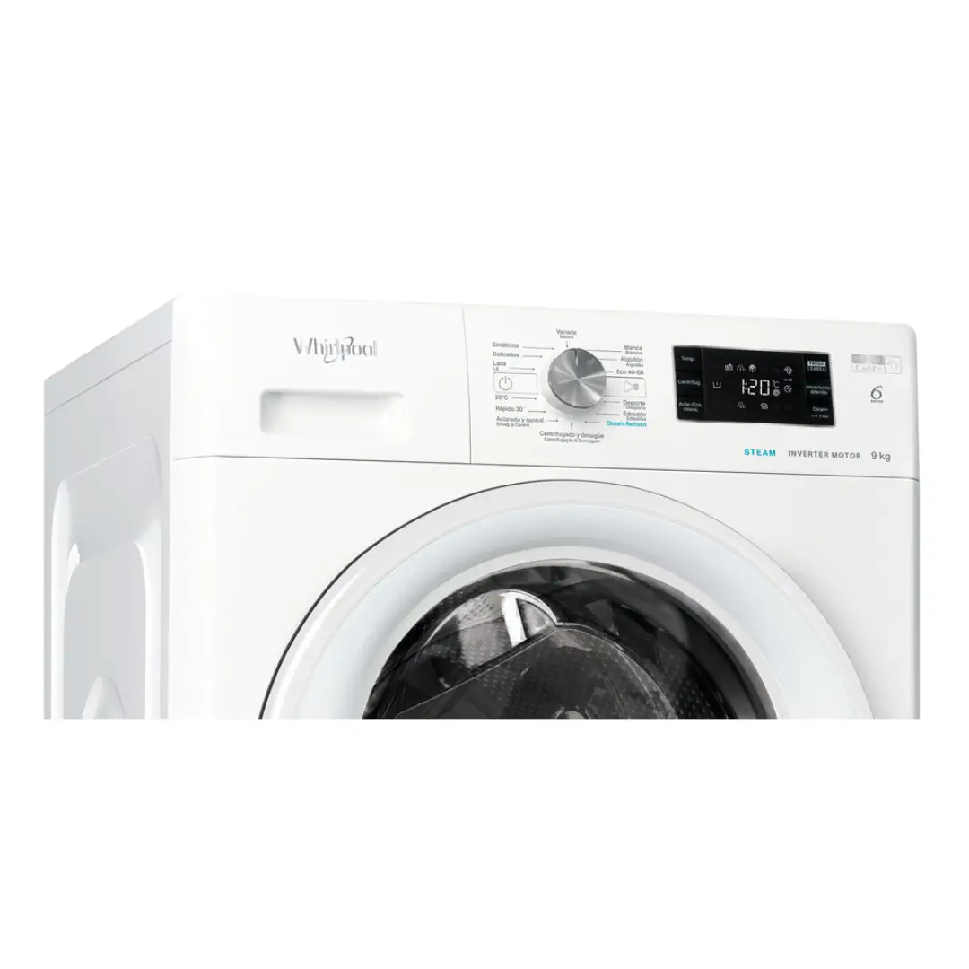 Primer plano del panel de control con display digital de la lavadora Whirlpool FFB-9489 WV SPT, con selección de programas y funciones avanzadas.
