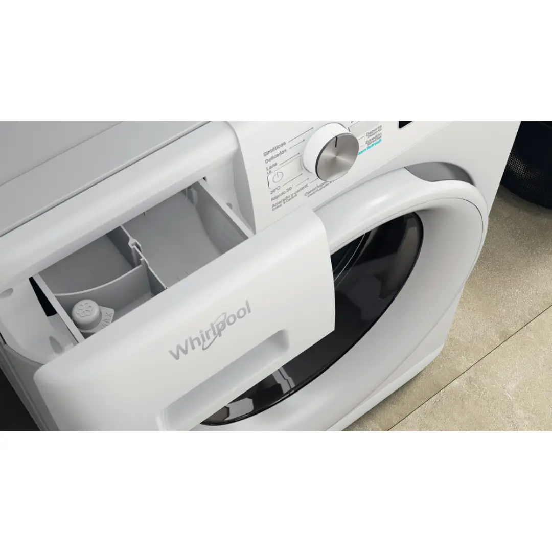 Detalle del cajetín para detergente y suavizante de la lavadora Whirlpool FFB-9489 WV SPT, diseñado para una dosificación precisa y eficiente.